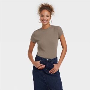 A New Day Women's Short Sleeve Ribbed brown basic fitted cotton modal Tee